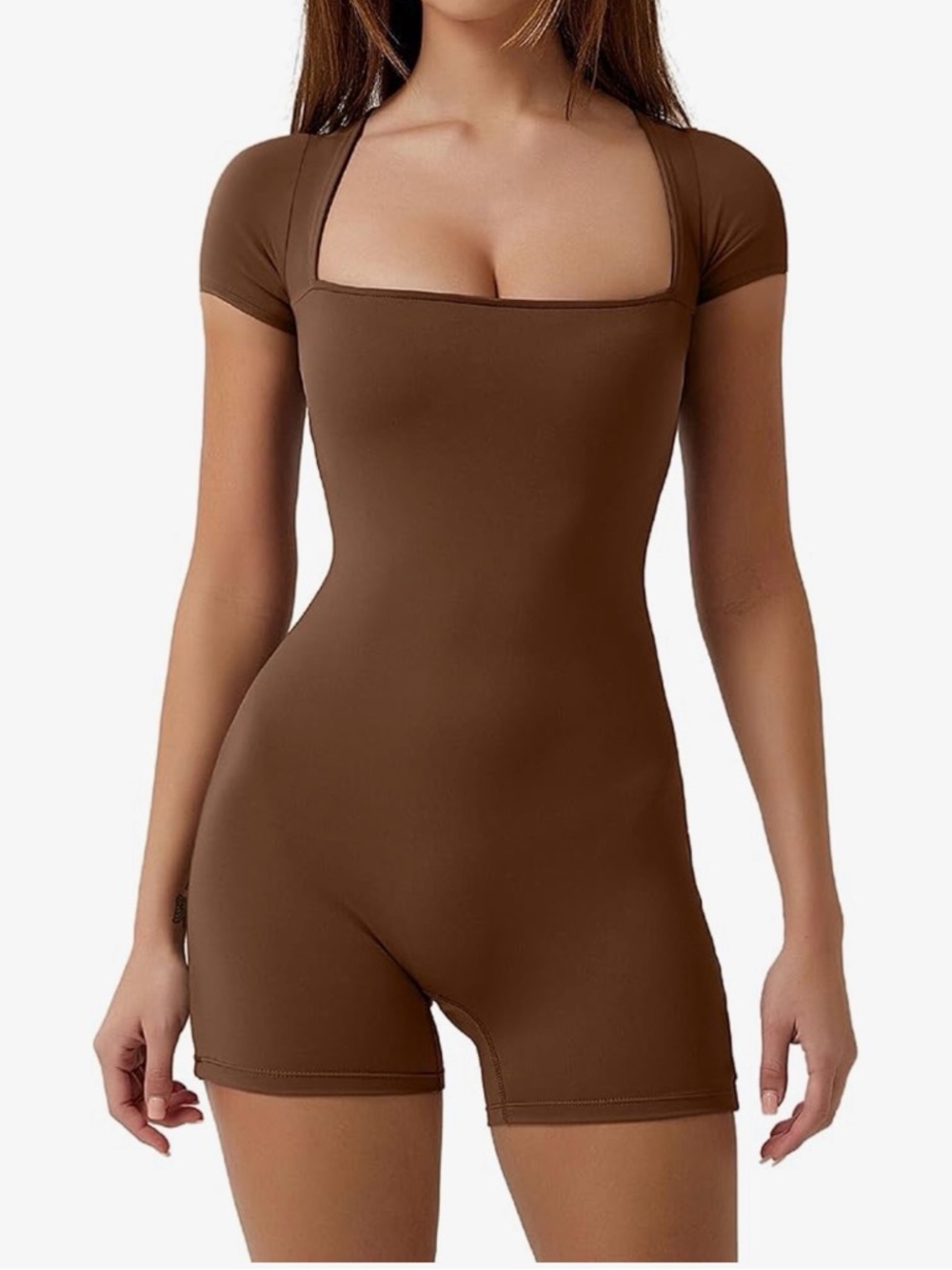 Brown Square-Neck Short Sleeve Romper Jumpsuit